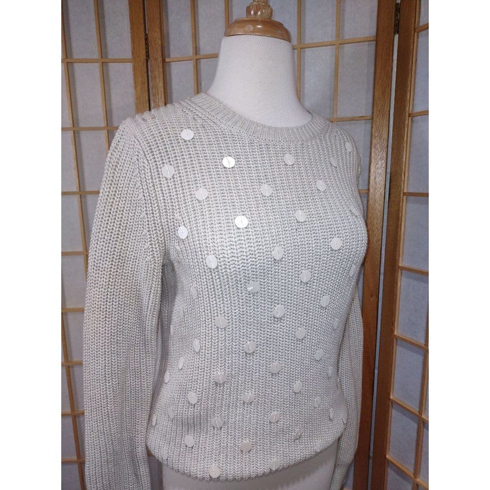 Gap Sm Ivory Cotton Cable Knit Sweater Sequin Polka Dot Crewneck